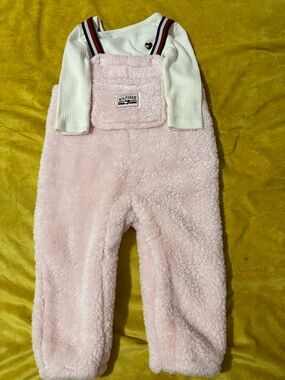 Tommy Hilfiger Light Pink Sherpa Overalls with Stripe Straps